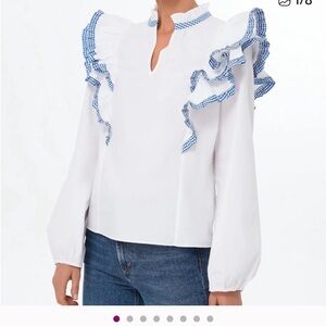 Hyacinth House Chic White Blouse with Blue Ruffle Trim